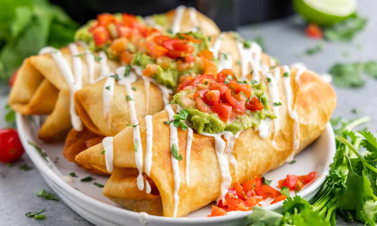 Close up view of air fried chimichangas.