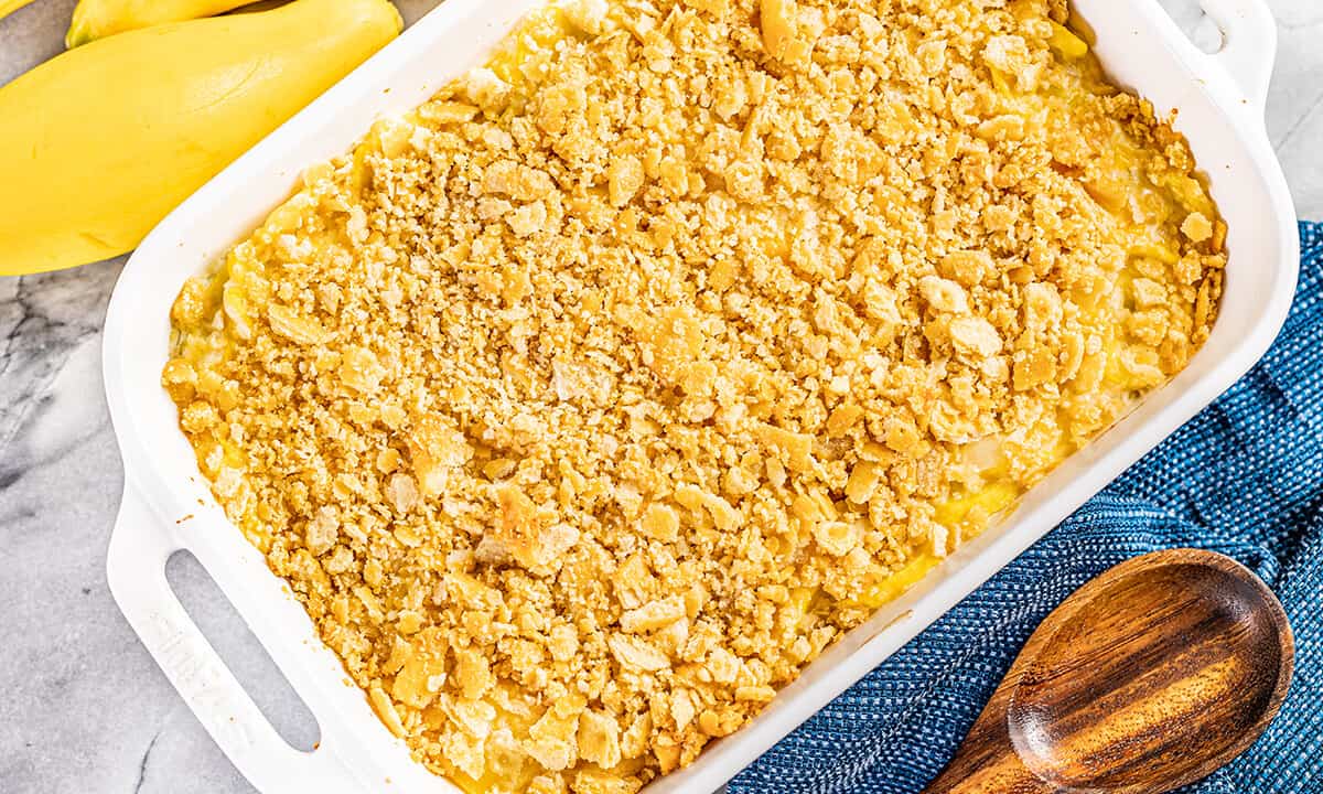 Overhead view of squash casserole.