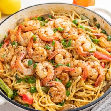 Cajun shrimp pasta in a white stock pot.